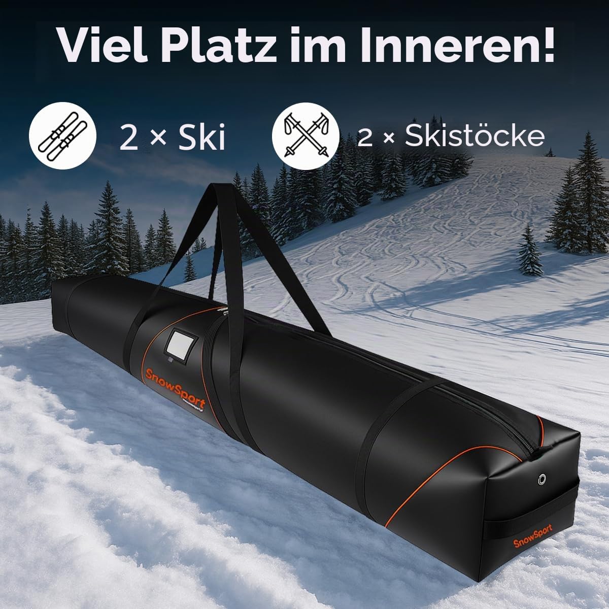 Prestige PRO Double Ski Bag – Skitasche für 2 Paare + Stöcke + Skizubehör GEPOLSTERT– ideal für Skireisen mit Flugzeug, Bus, Bahn, Auto mit Kompressionsriemen und Schultergurten