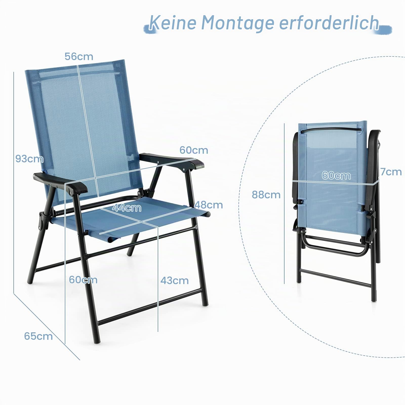 KOMFOTTEU Klappstühle, Balkonstühle 2er Set tragbar, Gartenstühle mit Rückenlehne, Terrassenstühle wetterfest, Campingstühle klappbar für Garten, Balkon, Terrasse (Blau)