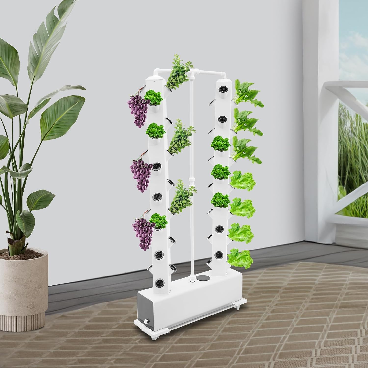 Hydroponics Growing System Kit, 56-Plant Outdoor Indoor Vertical Planter Germination Kit with Water Pump & Seeding Trays, Rolling Hydroponic Growing Tower System for Vegetable Fruit Herb