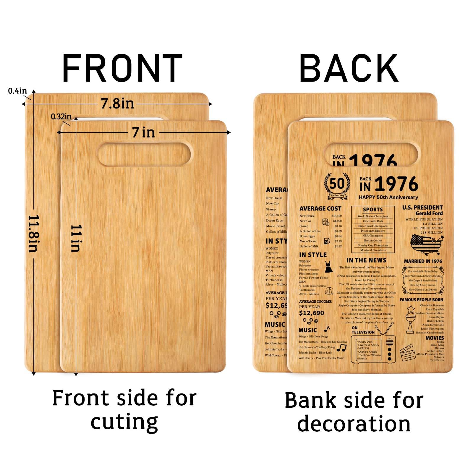 50th Wedding Anniversary Cutting Board Gifts for Women Men Marriage Gifts for Couple 1976 Poster Back In 1976 50th Anniversary Decorations 100% Organic Bamboo Pre Oiled 11"L x 7"W x 0.5"Th