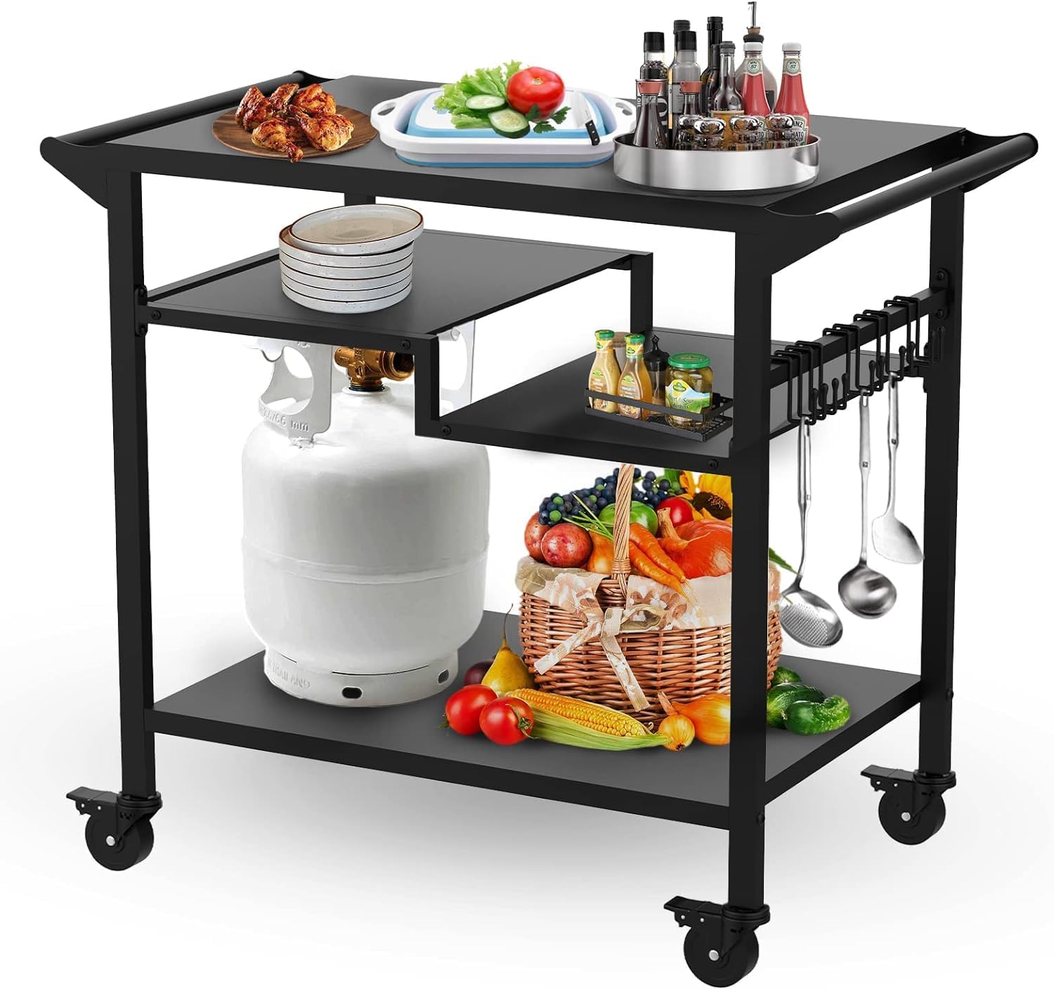 20" x 32" Mesa de barbacoa móvil de tres niveles, mesa de barbacoa multifuncional para exteriores, carrito de barbacoa con ruedas