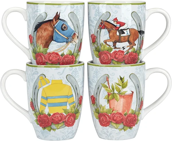 Derby Day at the Races Set of 4 Mugs – Celebrate Derby Day with these equestrian-themed 20 oz mugs-erfect for coffee, tea, mint juleps, and gifting to horse lovers, racing fans, or party hosts.