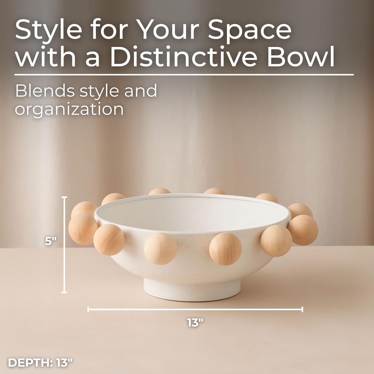 Decorative Bowl for Home Decor – Modern Wood and Metal Accent with Sculptural Wooden Knobs, Casual Catch-All Bowl for Keys, Jewelry, or Potpourri Display on Entryway Table or Console – 13", White