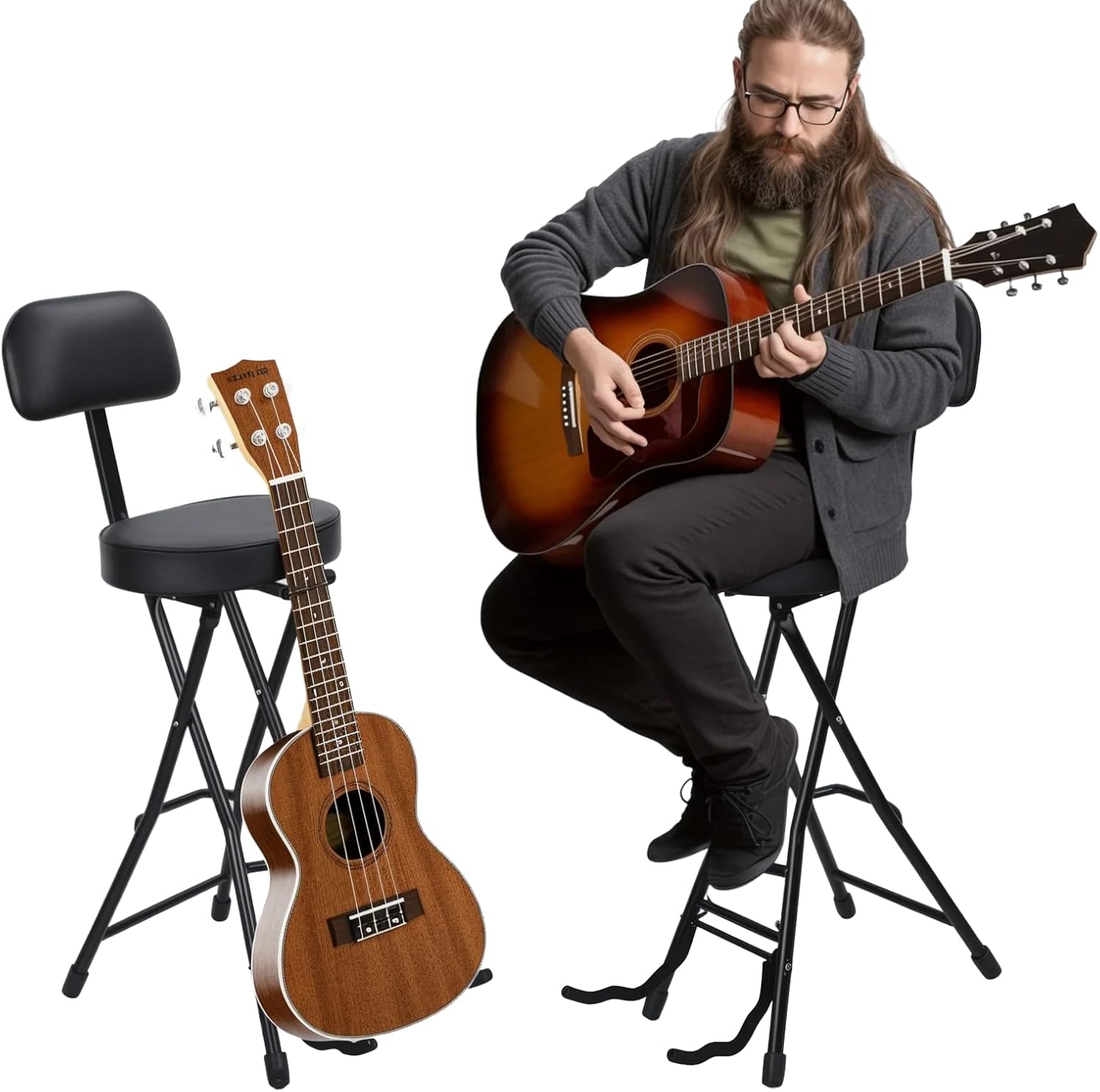 Folding Guitar Stool with Guitar Stand, Musician Chair with Backrest and Footrest, Portable Padded Seat for Acoustic Electric Bass, for Practice and Performance