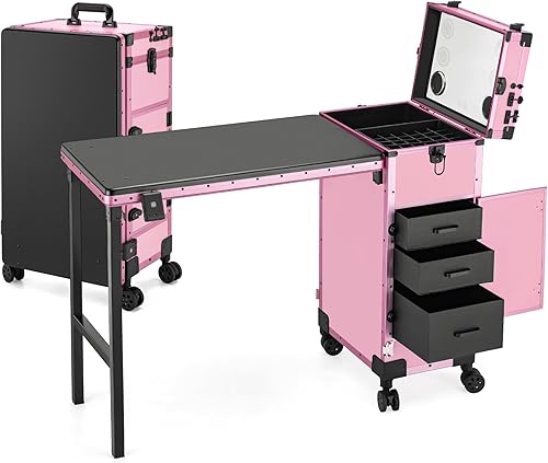 Miniatura 9 de Mesa de manicura portátil con 3 cajones, estuche de maquillaje con cerradura con espejo, escritorio plegable para uñas con ruedas y asa, Mesa de