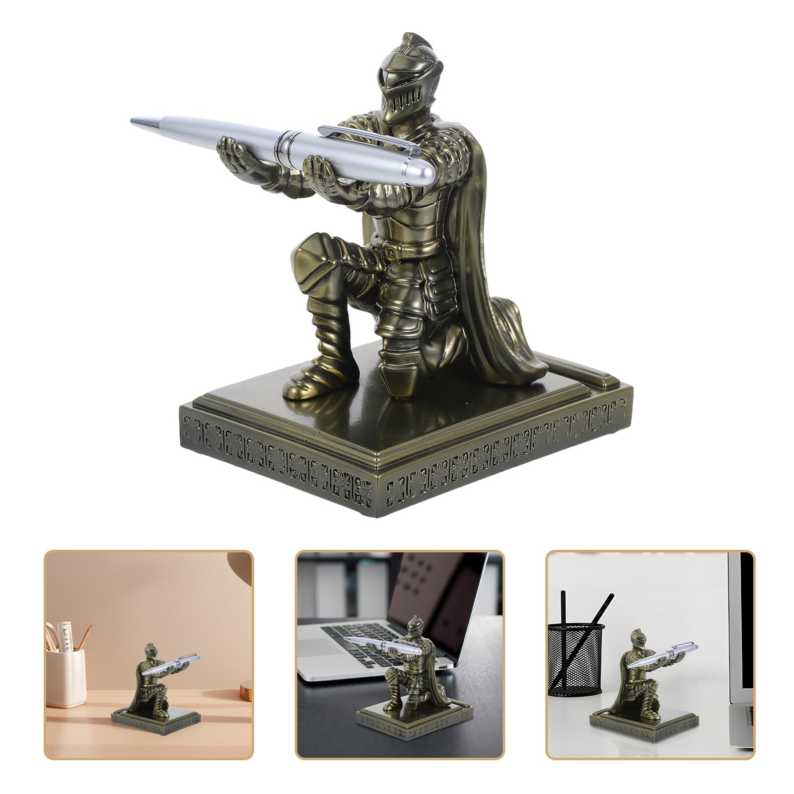 Portapenne Resina Statua di Cavaliere Medievale Retro in Oro, Base Stabile e Design Unico, Porta Penne Multifunzionale per Scrivania o Vanity
