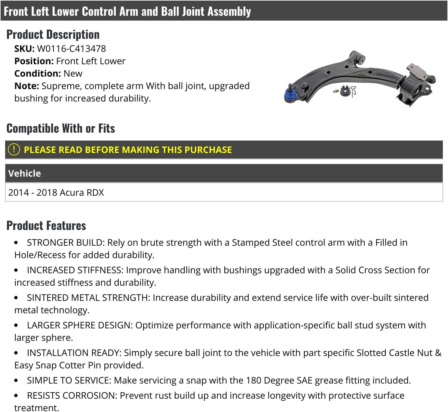 Front Left Driver Side Lower Control Arm and Ball Joint Assembly - Compatible with 2014-2018 Acura RDX