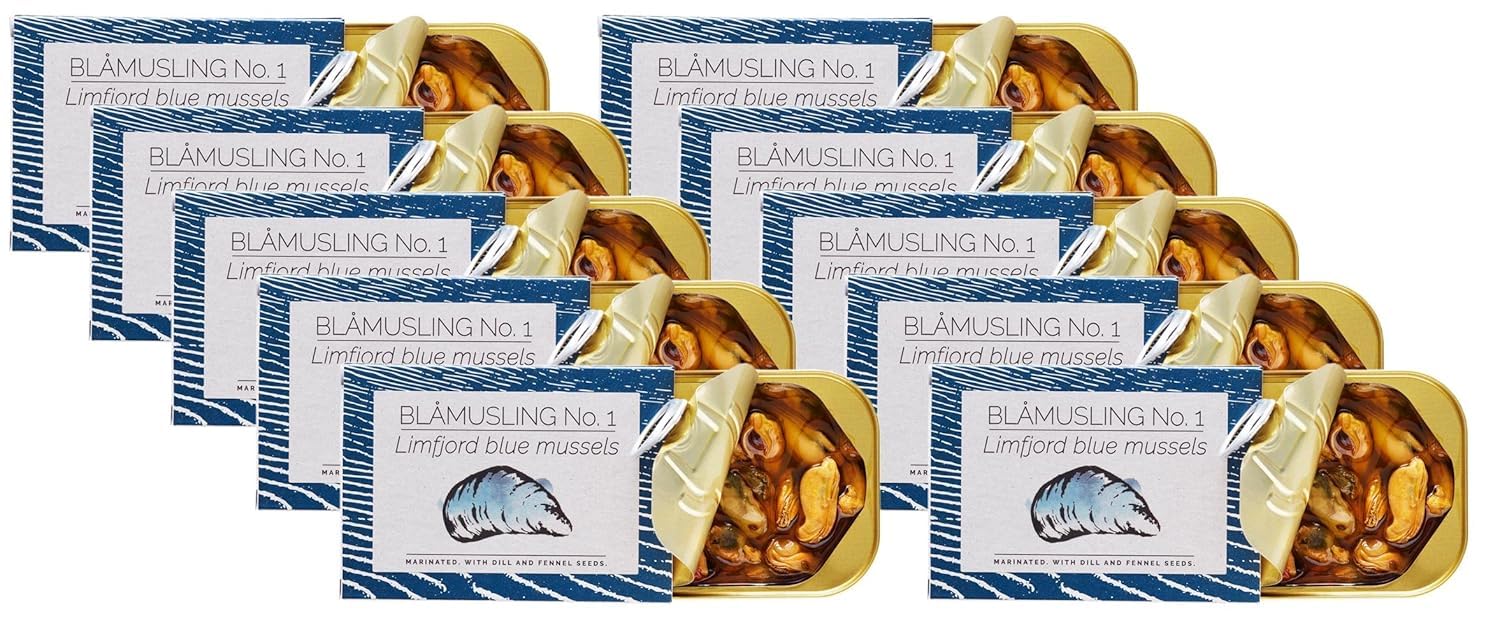 Fangst Blamuslinger No. 1 | Tinned Limfjord Blue Mussels Marinated with Dill and Fennel Seeds in Cold Pressed Rapeseed Oil | 10 x 110g Can