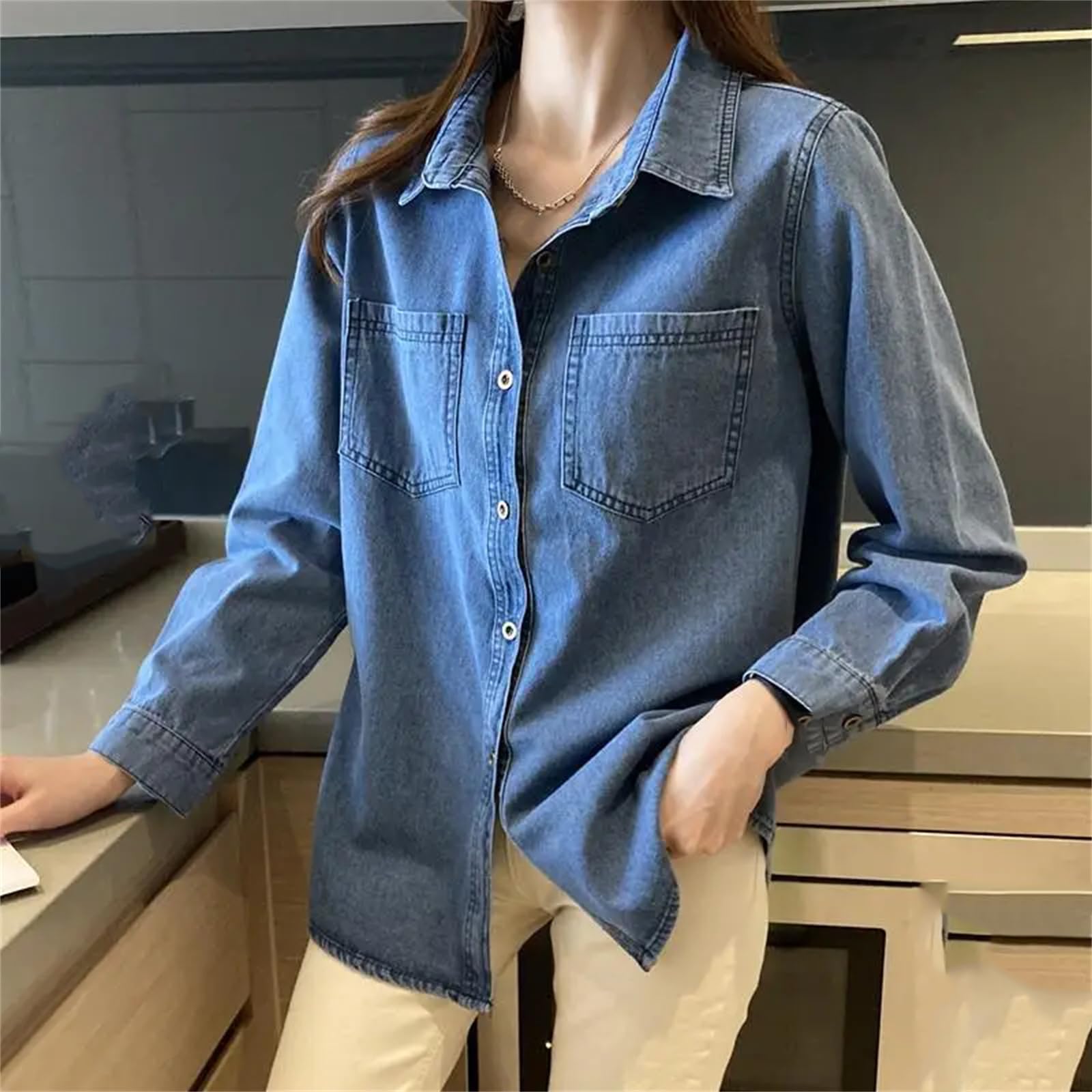Yeuyyben Camicetta da donna in denim, stile vintage, con colletto rovesciato, a maniche lunghe, alla moda, casual