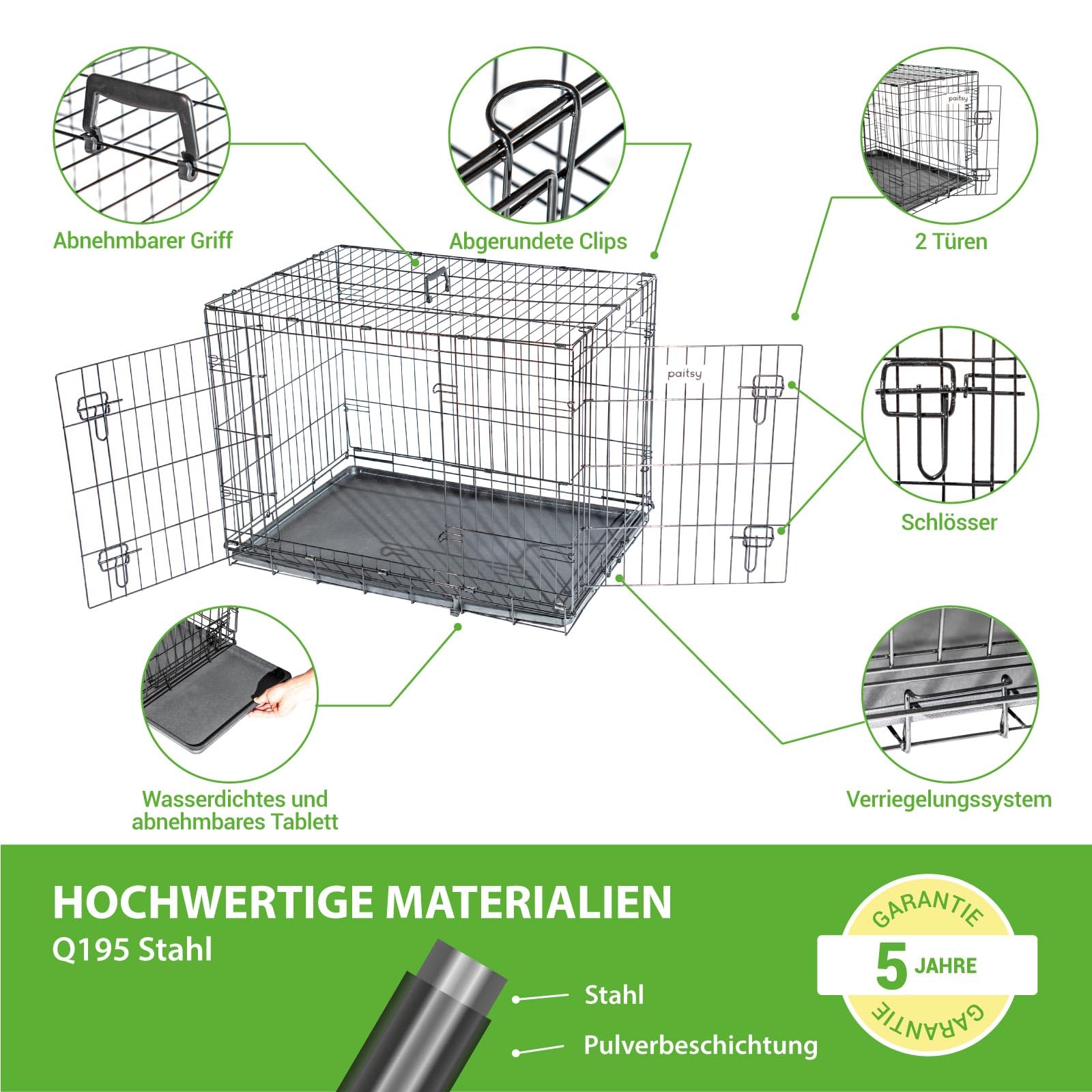 Hundetransportbox klappbar FortressooL, Hundebox für mittelgroße Hunde 90x60x67 cm, 2 Türen, herausnehmbares Tablett, für Innenbereich