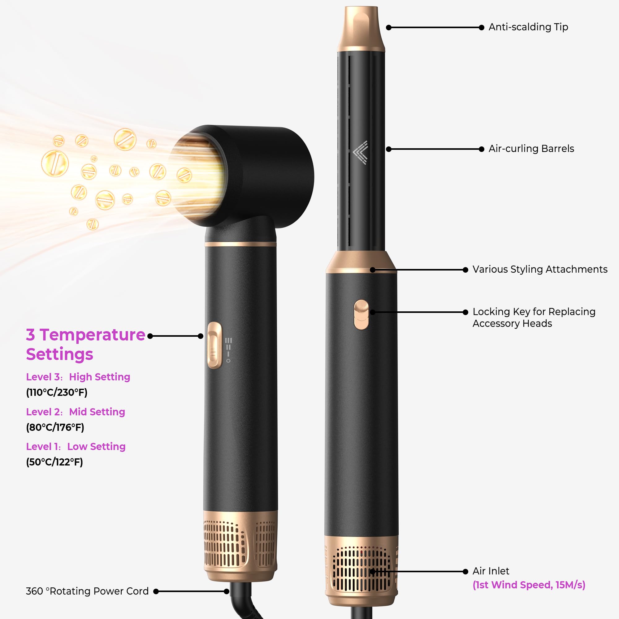 UMIGA Hairstyler 5 in 1 Airstyler Haarstyler Luft Lockenstab Föhn Thermal Brush Glättbürste Set Multistyler Rundbürstenföhn Warmluftbürste Haarstyling Geräte Hair Dryer Geschenke für Frauen, Schwarz