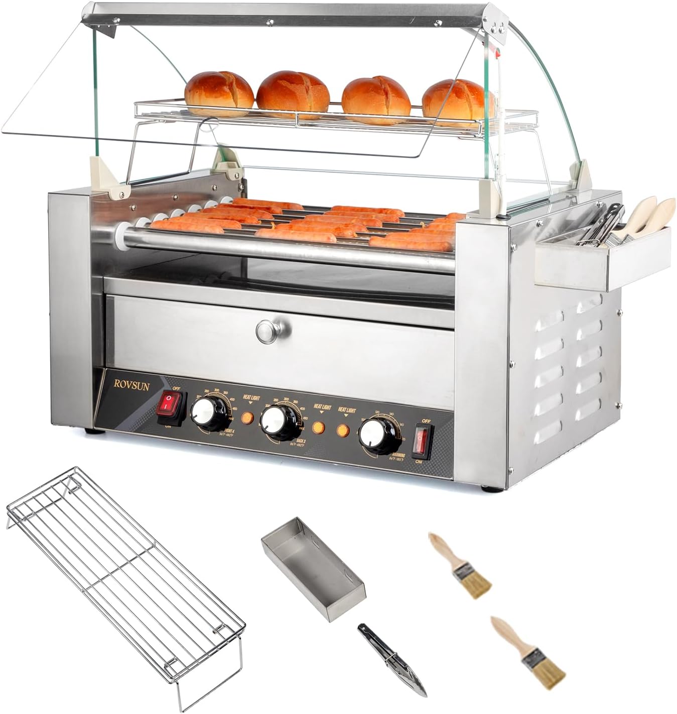ROVSUN Hot Dog Roller Warmer ETL Certified, 7 Rollers 18 Hot Dog Roller Grill Cooker Machine w/Bun Warmer, Cover, Dual Temp Control, LED, Removable Shelf & Drip Tray for Party Home Commercial 1200W ROVSUN Hot Dog Roller Warmer ETL Certified, 7 Rollers 18 Hot Dog Roller Grill Cooker Machine w/Bun Warmer, Cover, Dual Temp Control, LED, Removable Shelf & Drip Tray for Party Home Commercial 1200W