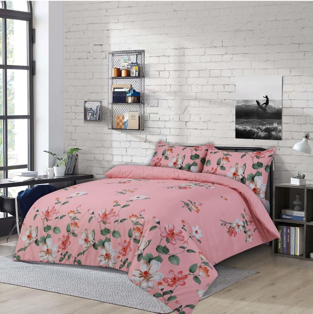 4pcs Complete Printed Bedding Set Reversible Microfibre Duvet Quilt Cover with Deep Fitted Sheet And 2 Pillowcases Ultra Soft Floral Cover Bed Set All Season Lightweight Bedding (Meena, Double)