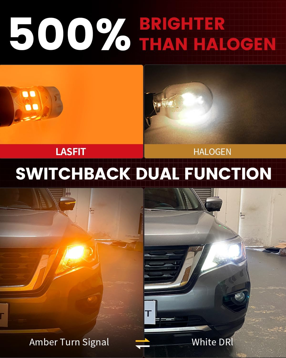 LASFIT 3157 Switchback LED Bulb, 3057 4157 White Amber T3 Series CANBUS Anti Hyper Flash Front Turn Signal DRL Parking Light New 500% Bright, Only for Standard Socket (Pack of 2)