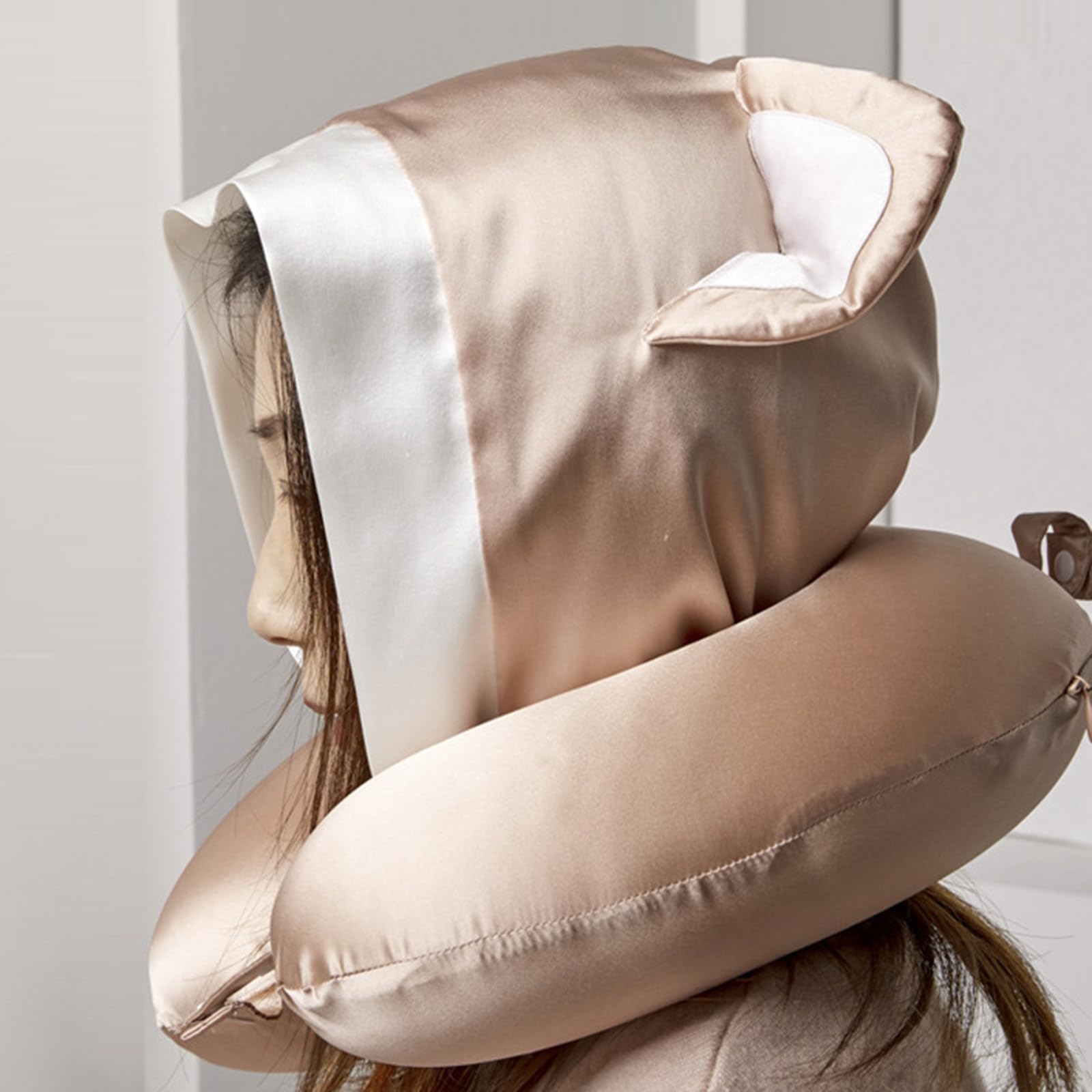 Cuscino da Viaggio in Vera Seta con Cappuccio, Cuscino per Il Collo Che Blocca La Luce, con Chiusura A Scatto, Ideale per Aereo, Auto, Ufficio e Casa,Rosa