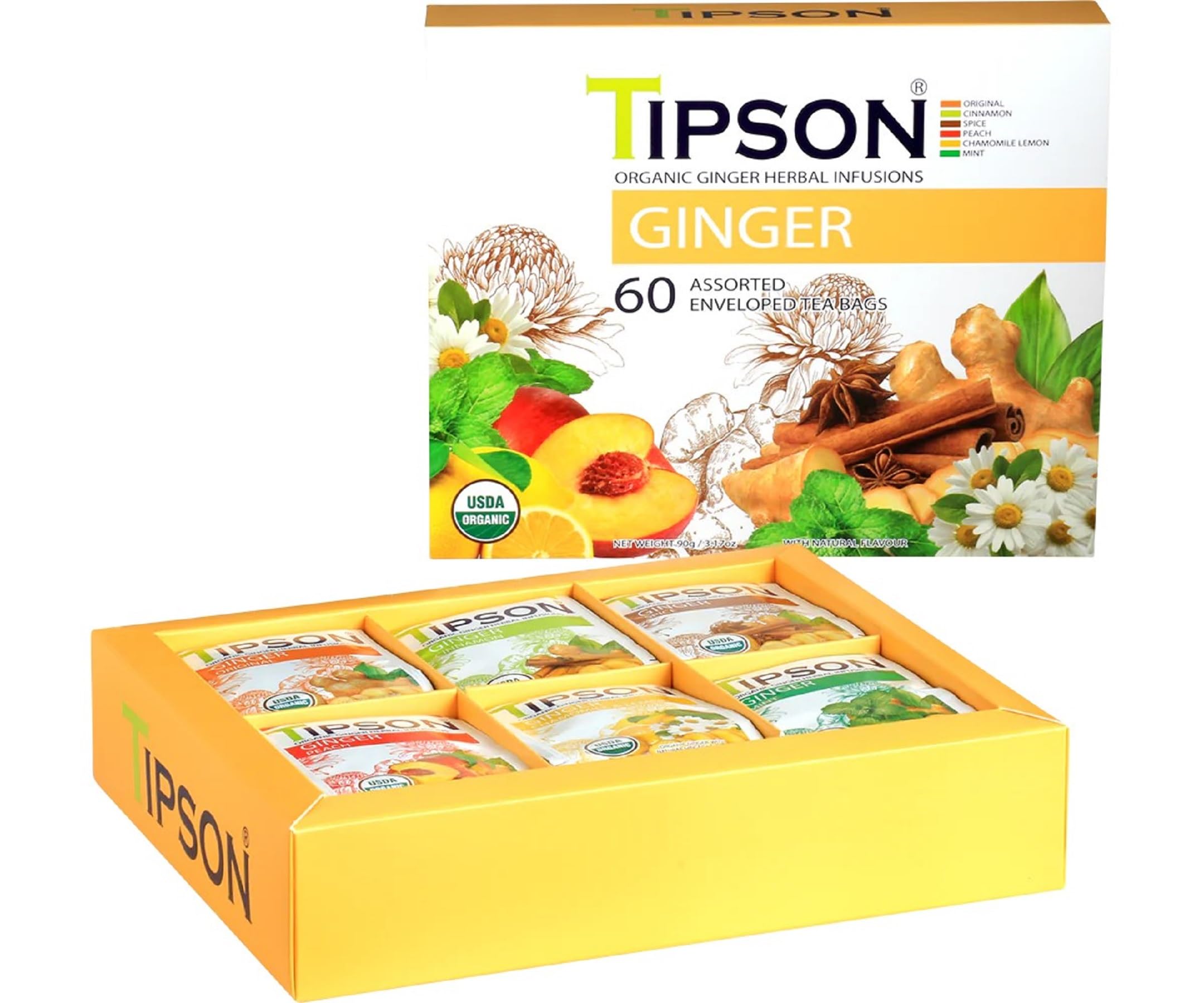 Tipson Organic Ginger Variety Sampler - 6 Flavors (60 Tea Bags), Herbal Tea Infusions - USDA Organic, Non GMO, and Gluten Free