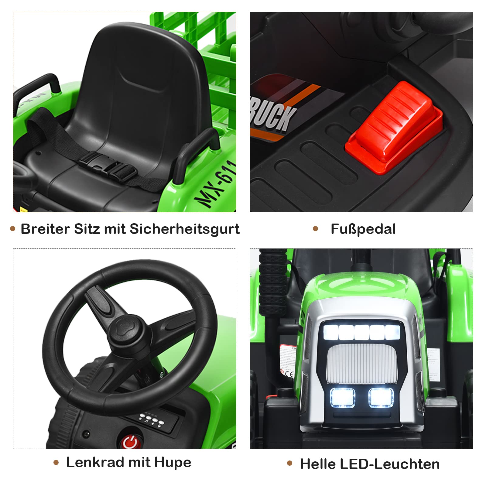 GOPLUS Tractor Eléctrico 12V para Niños de 3+ Años, Coche Eléctrico Infantil con Remolque y Control Remoto 2,4G, Vehículo Eléctrico con Faro LED Música Bluetooth, 3-8km/h, Carga Máxima 30KG