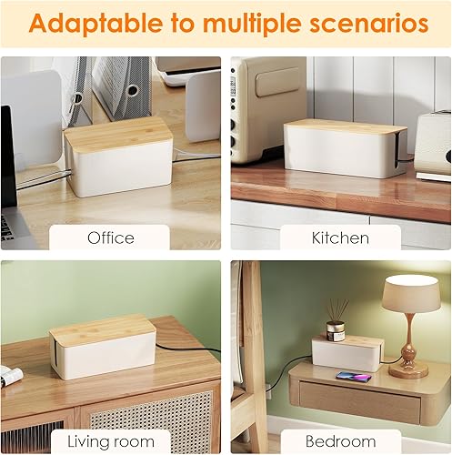 Miniatura 4 de DELAMU Paquete de 2 cajas de organización de cables, escritorio seguro de grano de madera ABS organizador de cables mediano y pequeño, caja de cable