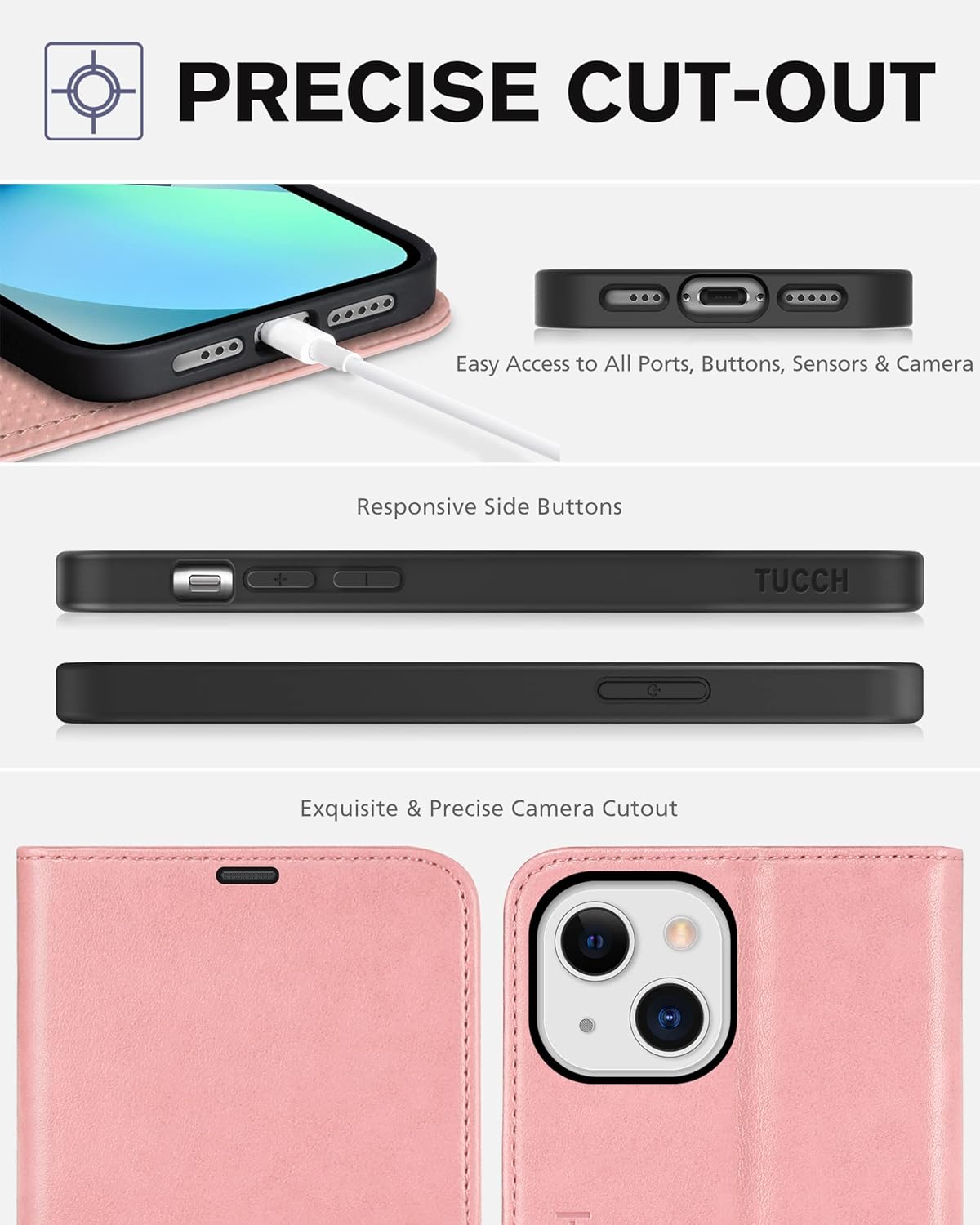 TUCCH Case for iPhone 13 5G 6.1-inch, Flip Wallet PU Leather Magnetic Protective Cover with [RFID Blocking] [Card Slot] Stand [Shockproof TPU Interior Case] Compatible with iPhone 13 2021, Rose Gold