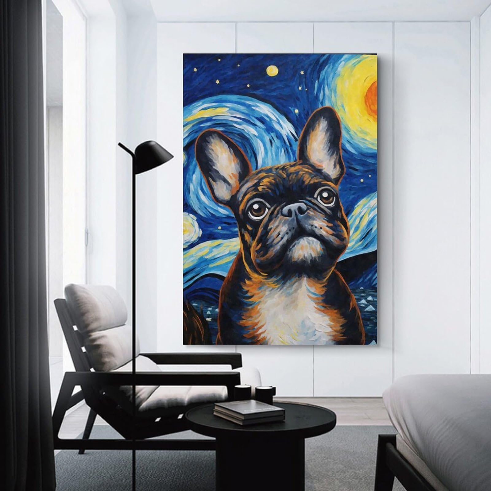 Junmoney Decorative Canvas Print French Bulldog Night, 24x36inch(60x90cm), for Home Office, Desk Area Or Studio, Home Office Artwork with Decorative Appeal