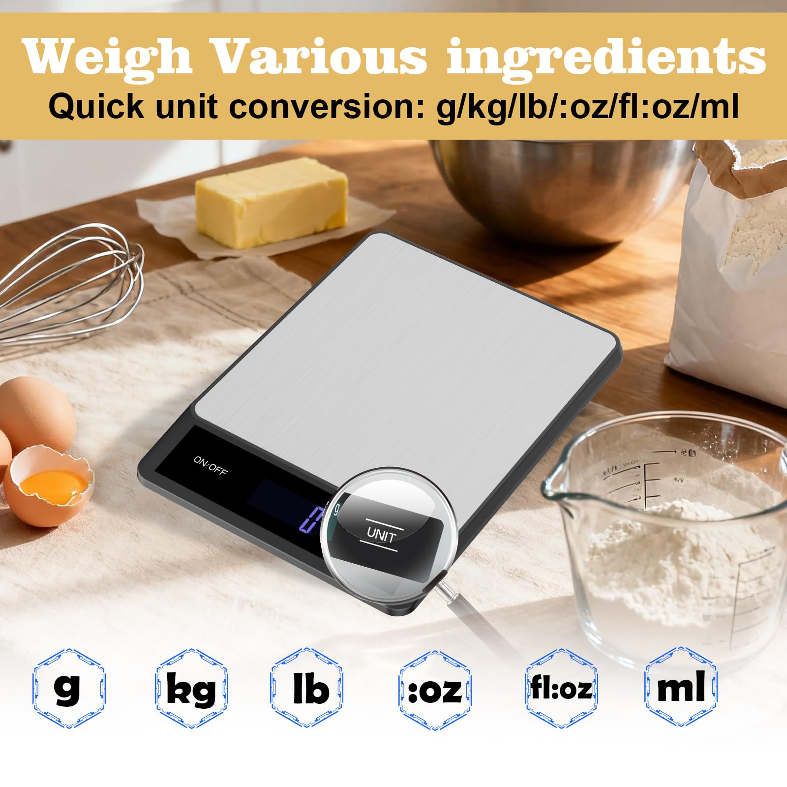 Lebensmittelwaage Gramm und Unzen – Digitale Küchenwaage, 15 kg, 1 g Genauigkeit, wiederaufladbares Typ-C-Aufladen, mit Batterien, Edelstahl, leicht zum Kochen, Backen, Mahlzeitenzubereitung