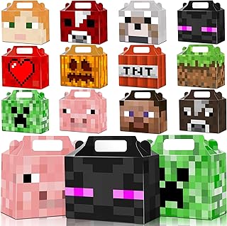 24 Pack Miner Crafting Party Gift Boxes Pixel Theme Style Party Favors/Candy Boxes, Tote Boxes, Gift Boxes for Kids Paper Favor Packs Adults Birthday Party Decora- 12 Pattern
