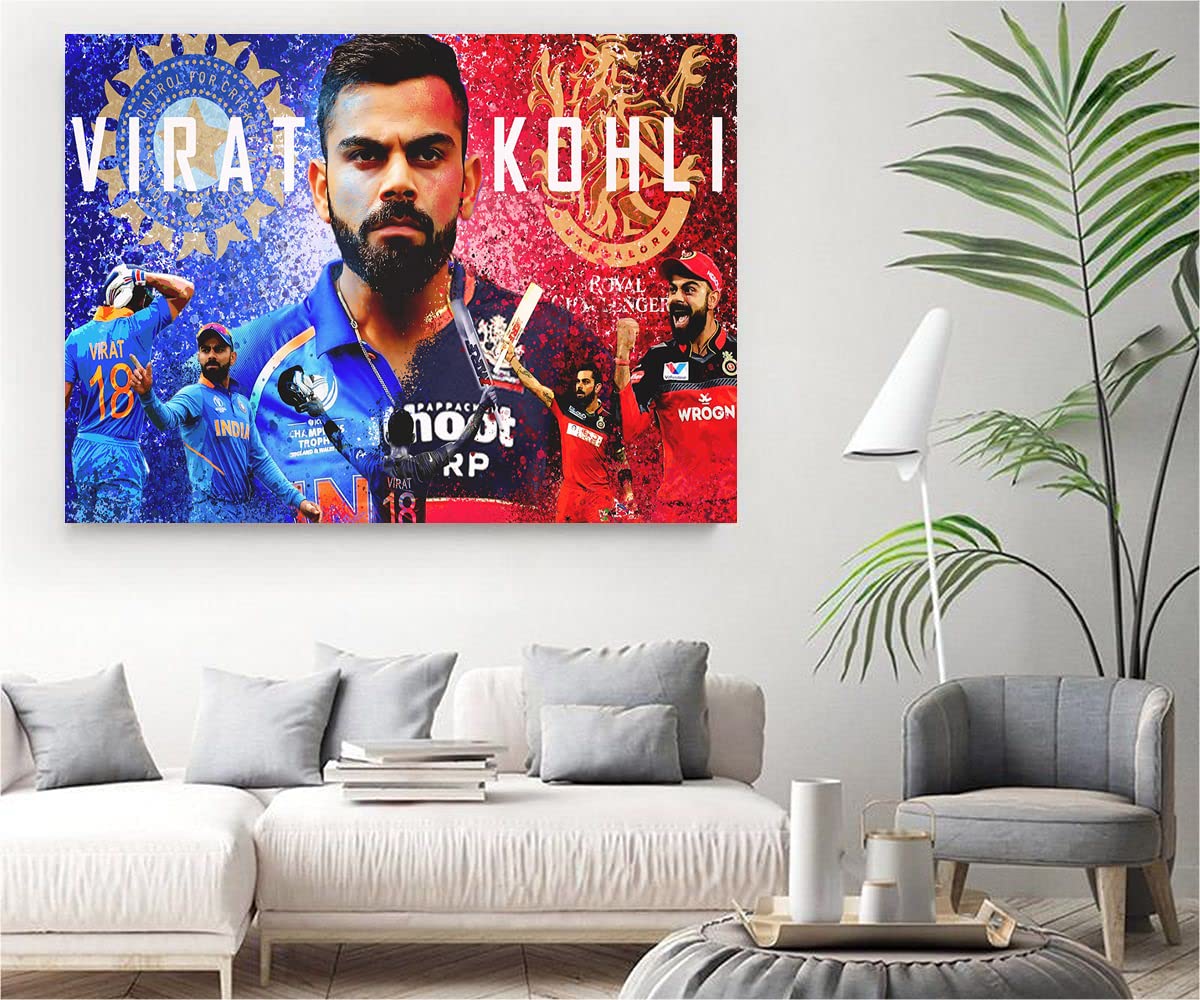 VERRE ART Wooden Framed Canvas - Wall Decor for Living Room, Bedroom, Office, Hotels, Drawing Room (34in x 22in) - Run Machin Virat Kohi Poster