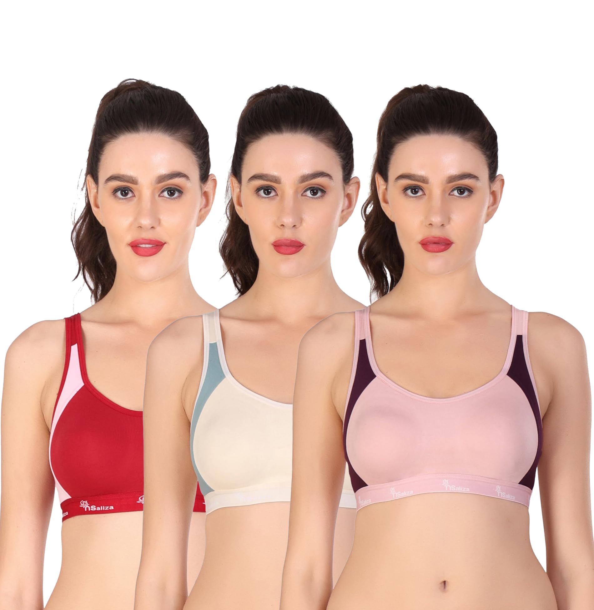 nsaliza Pack of 3 Non Padded Wire Free Seamed Full Coverage Sports Bra-picture-19