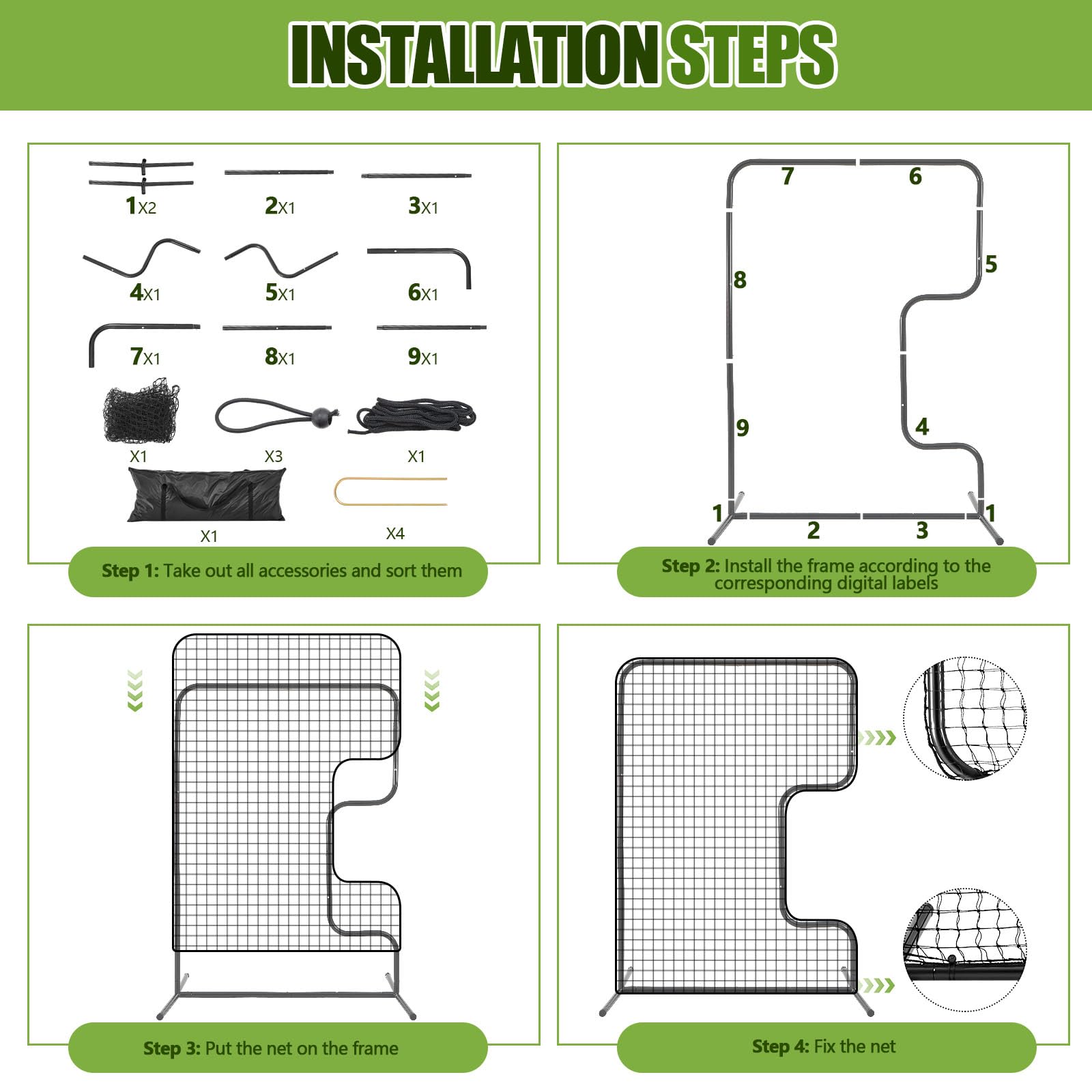 Seenelling Standard C Shaped Pitching Screen Softball Baseball Screen Softball Pitcher Pitching Machine Protector with Carry Bag, 7'H x 5'W 45 Ply Netting with 3'' x 18'' Cutout 1.5'' Diameter Frame