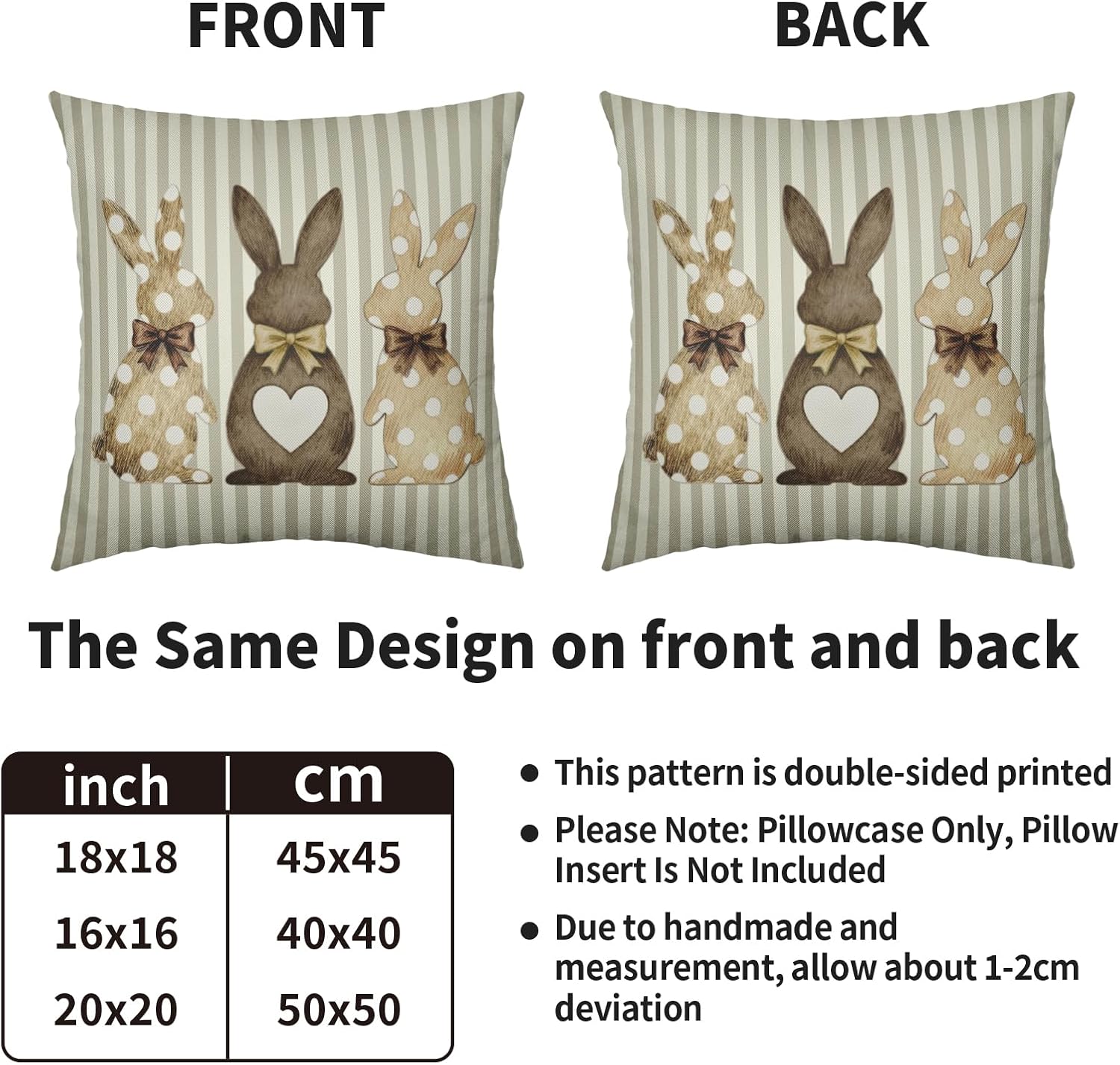 Easter Bunny Pillow Covers 24x24 Inch Set of 2 Brown Rabbit Polka Dot Striped Print Spring Holiday Decorative Throw Pillowcases Outdoor Seasonal Farmhouse Cushion Cases Decor for Sofa Couch Bed