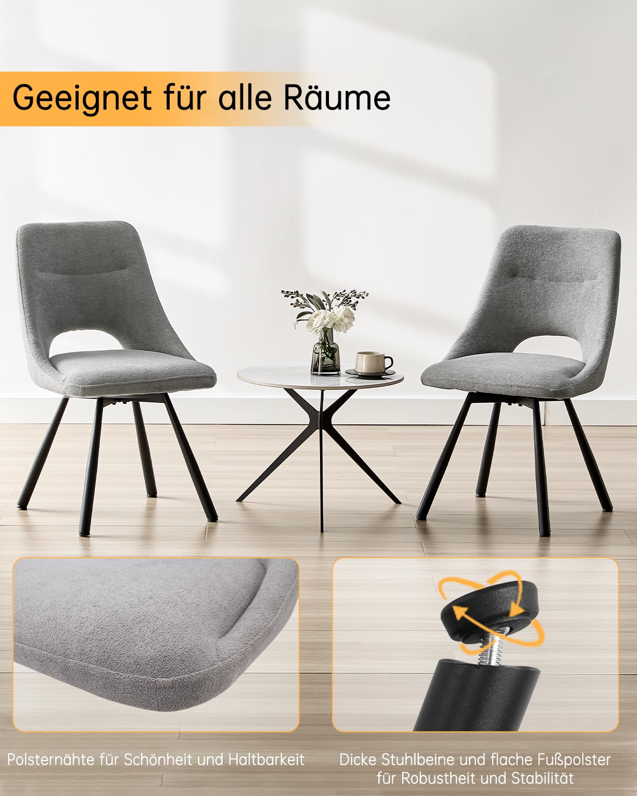 LEWE Essgruppen Esstisch mit 4 Stühlen, 140 x 80 x 76 cm Rechteckig Esstisch aus Holz mit 4 Esszimmerstühle, 360°Drehstuhl, Gepolstert, Breitere Sitzfläche, für Küche Esszimmer und Wohnzimmer,Grau