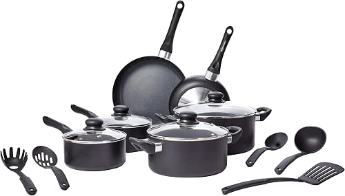 Amazon Basics Non-Stick Kitchen Cookware 15-Piece Set with Stay-Cool Handles,