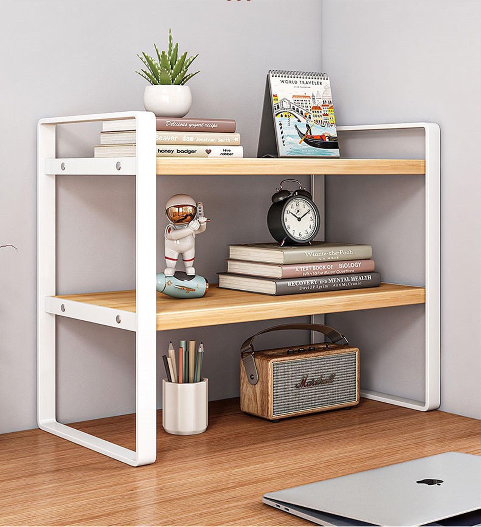 LIMOS Desktop Organizers&Desk Storage Bookshelf,Small Countertop Bookcase,Multi-Functional Storage Rack for Home Office, Dormitory, Home (2 Tiers White, 50cm)
