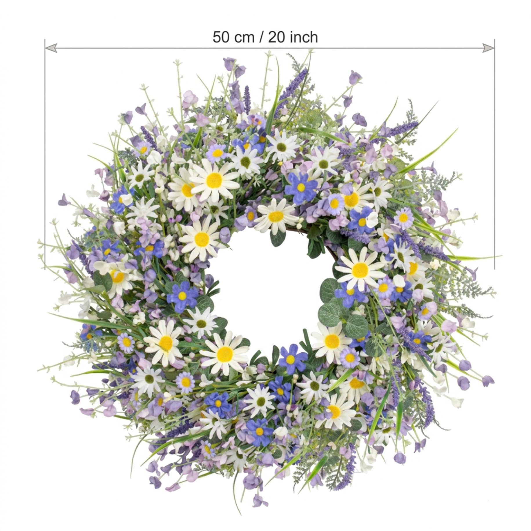 Gänseblümchen-Kranz, Frühlings-Haustürkranz mit Lavendel, 40, 6 cm große Blumenkränze für ganzjährige Heimdekoration, Bauernhaus-Wand- oder Innendekoration, Gänseblümchen