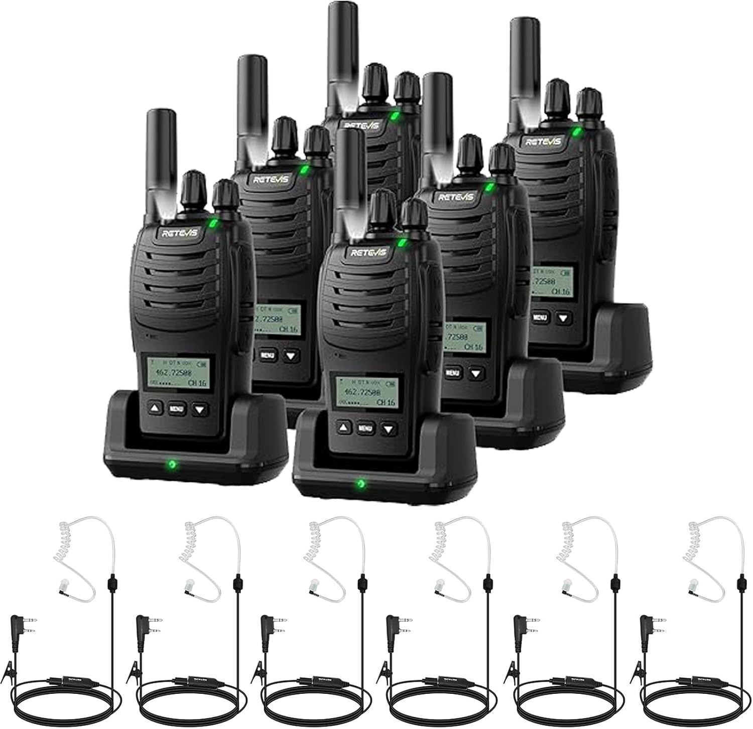 Retevis H777D Walkie Talkies(6 Pack) with AI Active Noise Reduction Walkie Talkie Earpiece(6 Pack), LCD Screen, Type-C Charging, FRS Long Range Handheld 2 Way Radio, Hand Free Rechargeable