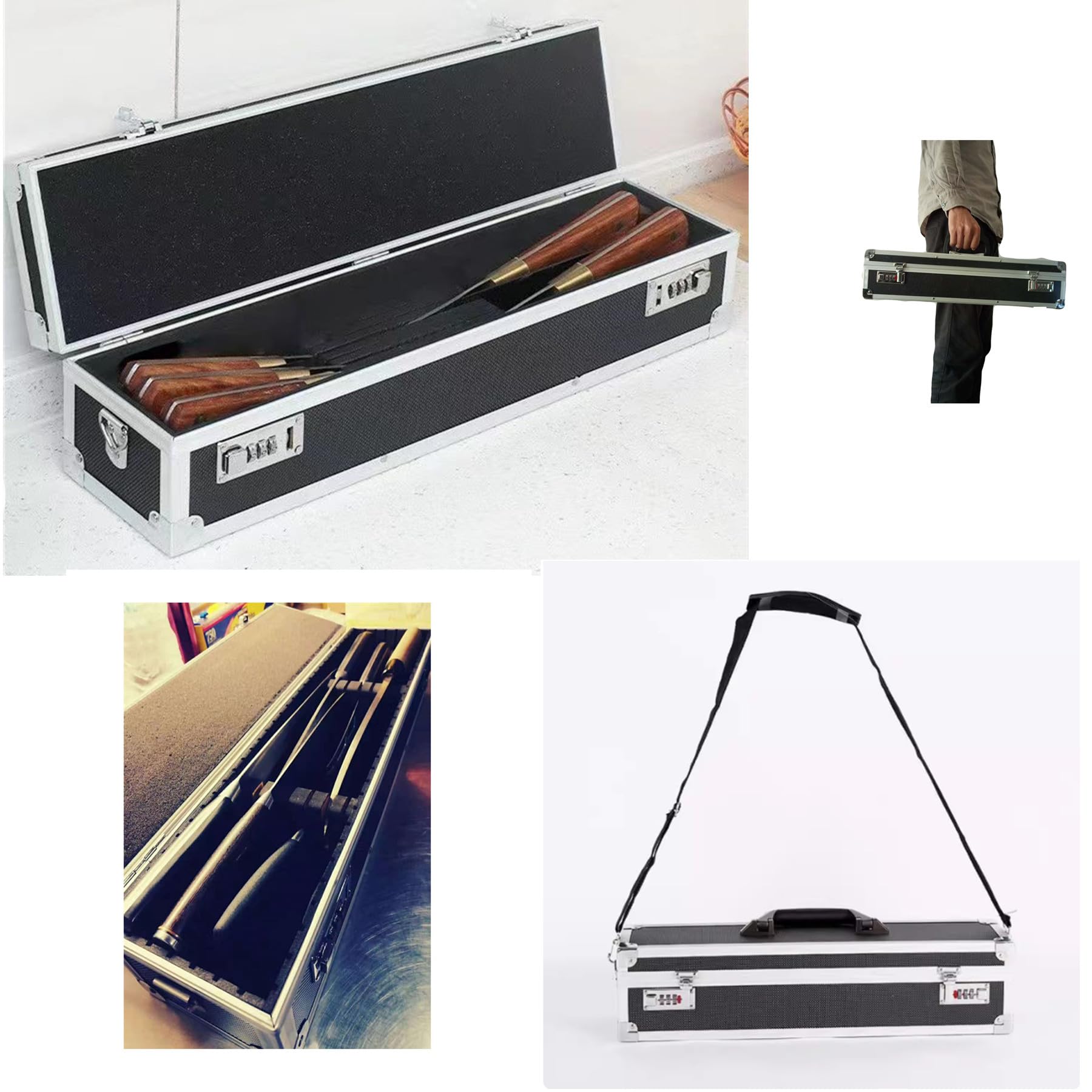 Funda rígida de aluminio para cuchillos de chef con cerraduras de doble combinación, organizador portátil de cuchillos, protectores con 8 ranuras que pueden contener herramientas de cuchillos de