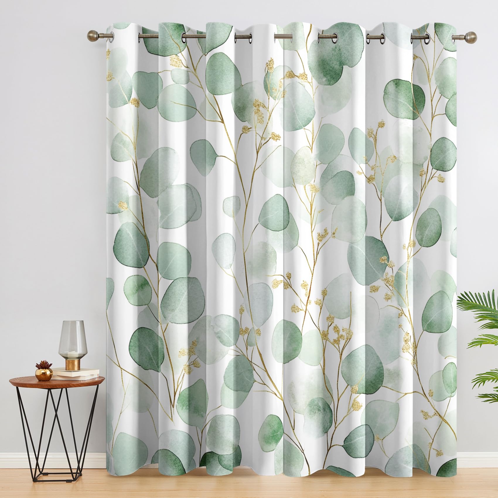Eucalyptus Green Leaves Curtains for Living Room, Bedroom, Watercolor Leaf Blackout Curtains 90 x 108, patterned Drapes 108 inch Drop, Thermal Insulated Eyelet Window Treatments, 2 Panels P150