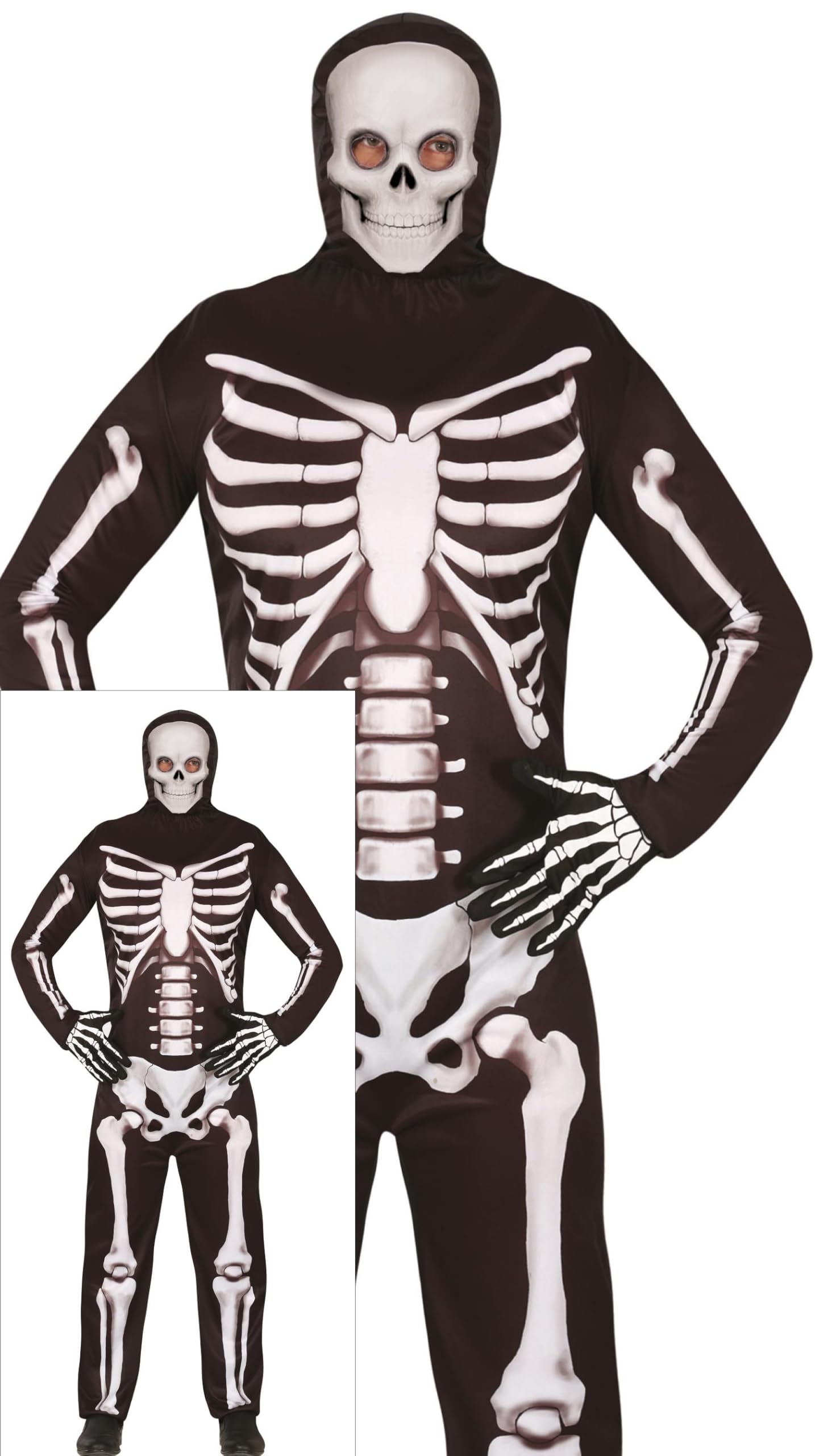FIESTAS GUIRCA Bone Rattling Skeleton Men Fancy Dress Costume - Black Jumpsuit with Skeleton Print and Hood - Mens Halloween Costumes Adult Size M