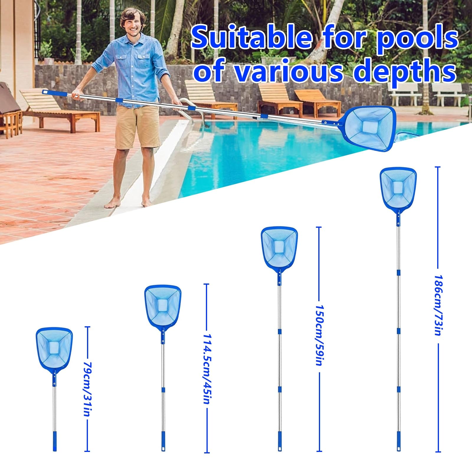 Épuisettes de Surface pour Piscine 186cm, Filet de Piscine, Filet Feuille Piscine Réglable, Épuisette de Piscines Fond avec Manche Télescopique, pour Spa, Source Chaude, Étang, Jacuzzis
