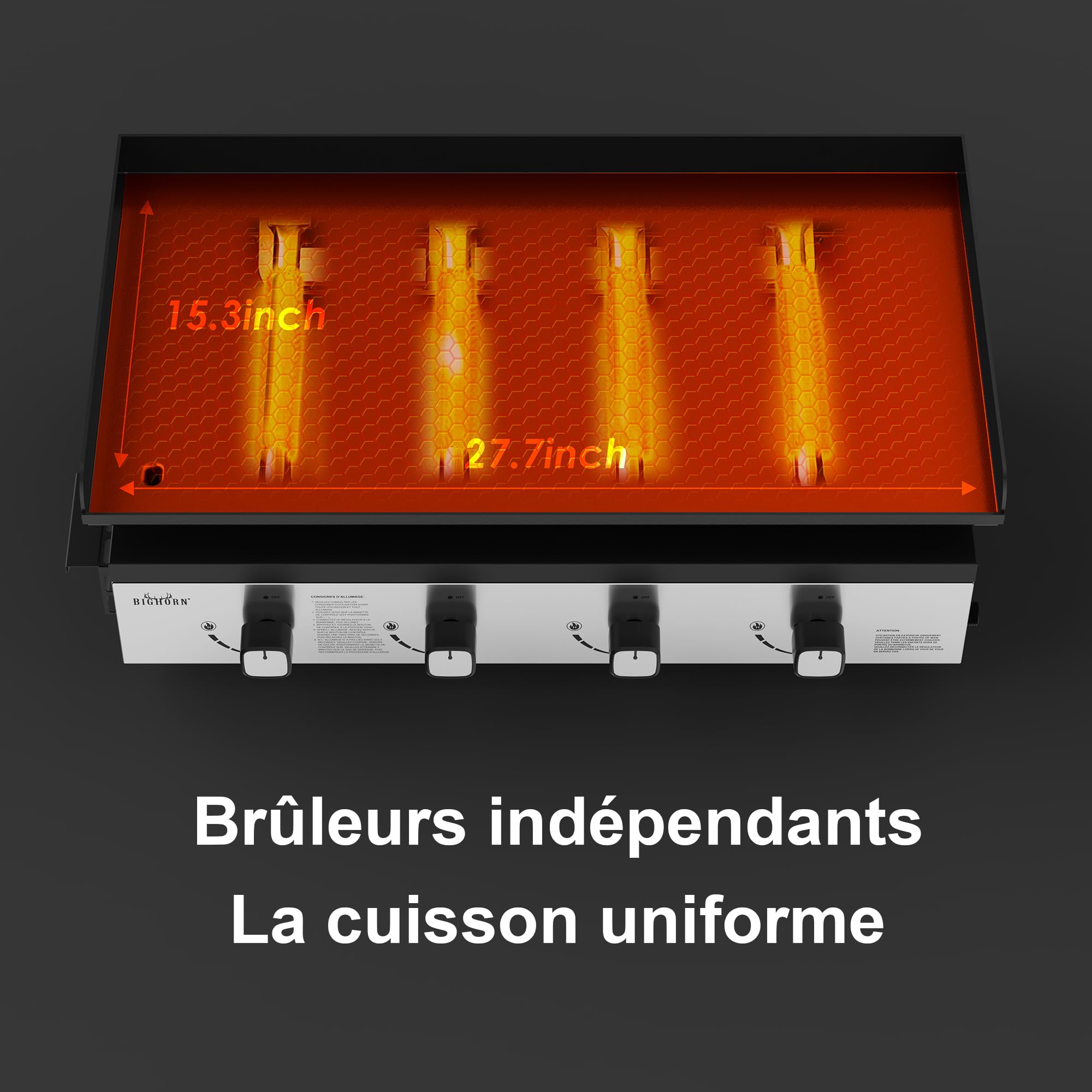 BIGHORN Plancha à gaz de 10kw,Grande surface de cuisson avec 4 brûleurs individuels，Plancha portable et extérieur