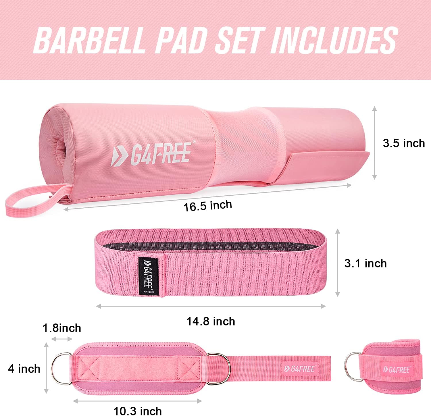 G4Free 7pcs Barbell Pad Set for Squat, Hip Thrusts, Lunges, Leg day, Standard Olympic Bars with 2 Gym Ankle Safety Straps, 3 Hip Resistance Bands,Barbell Pad and Carry Bag