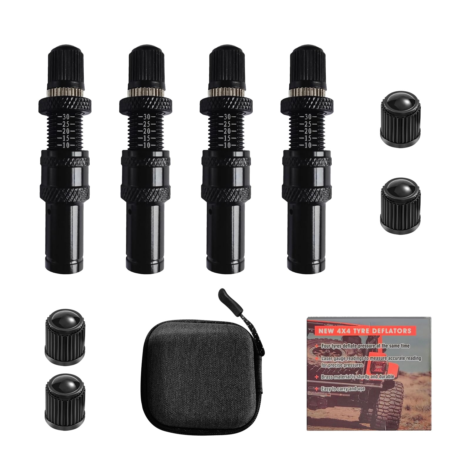SWTHM 4 Pcs Automatic Tire Deflators Kit, 10-30 PSI / 0.7BAR-2.1BAR Adjustable Tire Deflator with 4 Valve Caps, Auto-Stop Tire Air Deflator Valve for Cars Trucks Motorcycles Offroad Vehicle ATVs Tire