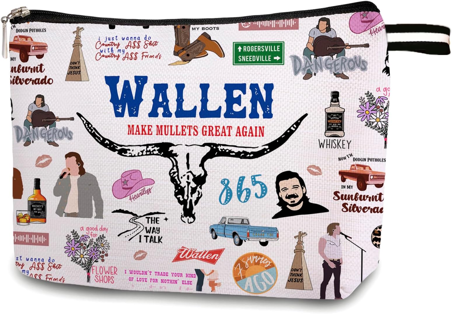 SUNFYCNVintage Western Rodeo Makeup Bag, Western Bullhead Wallen Cosmetic Bag,Country Music Lover Gift, Singer Name Zipper Cosmetic Bag, Album Inspired Gift Song Gift Music Merchandise 13CB079