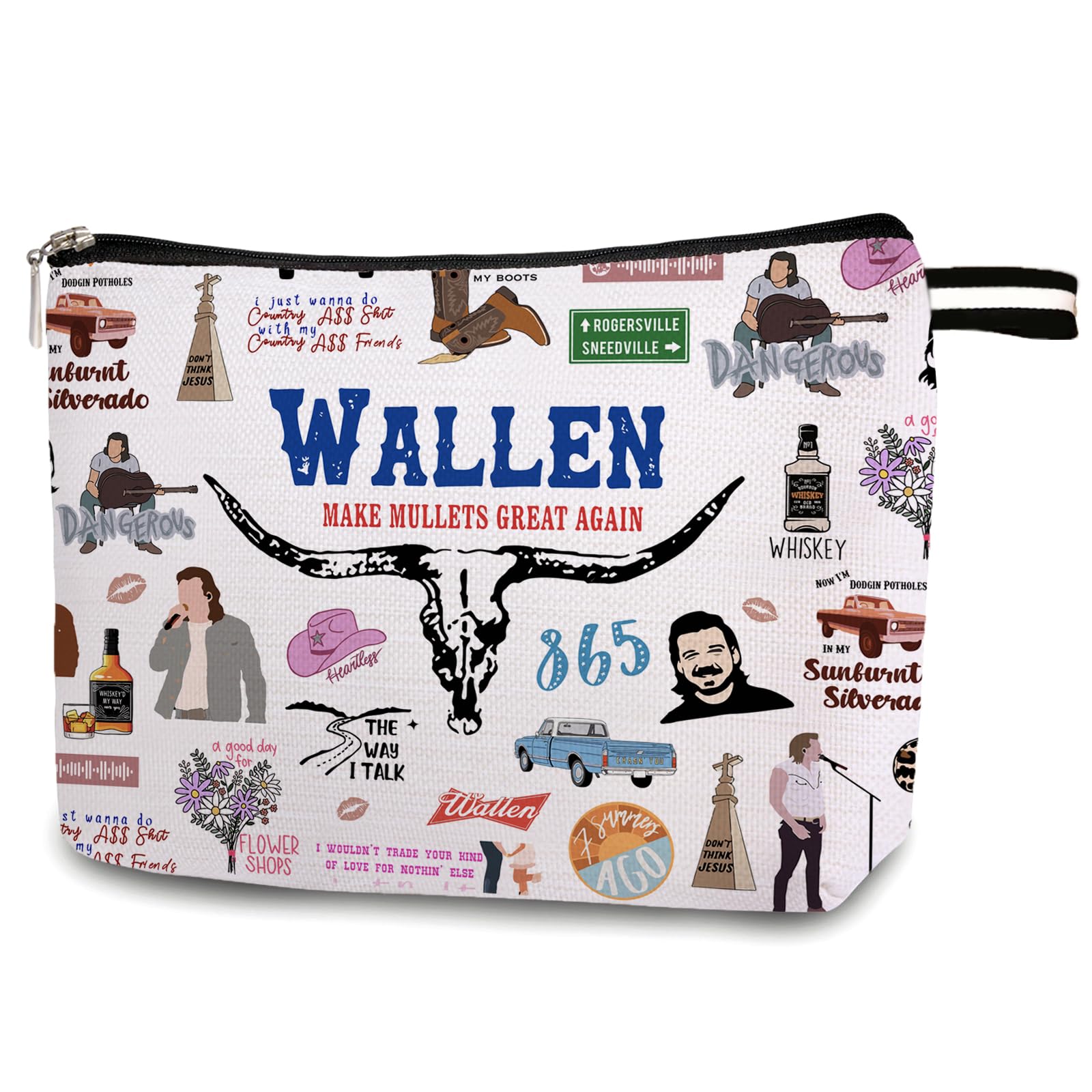 SUNFYCNVintage Western Rodeo Makeup Bag, Western Bullhead Wallen Cosmetic Bag,Country Music Lover Gift, Singer Name Zipper Cosmetic Bag, Album Inspired Gift Song Gift Music Merchandise 13CB079