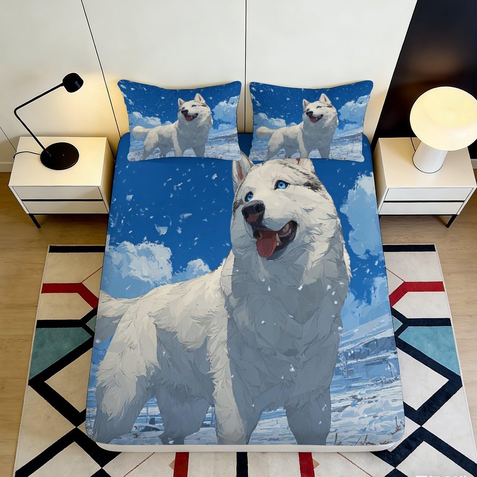 3D Printed Arctic Wolf Fitted Sheet Microfiber Deep Pocket Bedroom Bedding Snow Wolf Mattress Fitted Cover Non-Slip Washable for Adults 120x200x25cm
