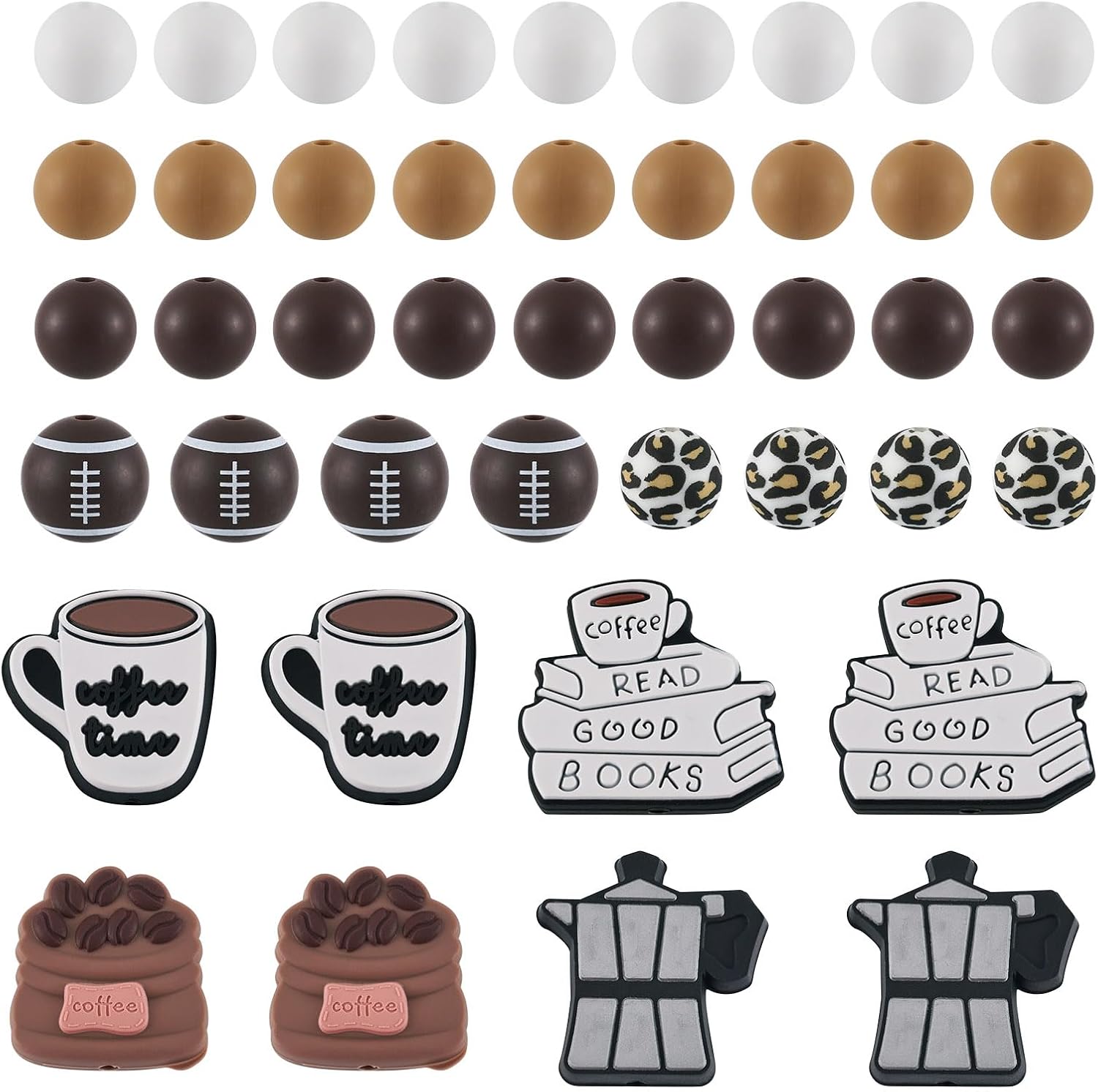 Craftdady 46Pcs Coffee Theme Silicone Beads Kit 9 Style 12mm Round Beads Book Coffee Cup Brown Focal Beads for Crafts DIY Beadable Pens Keychain Jewelry Making Supplies