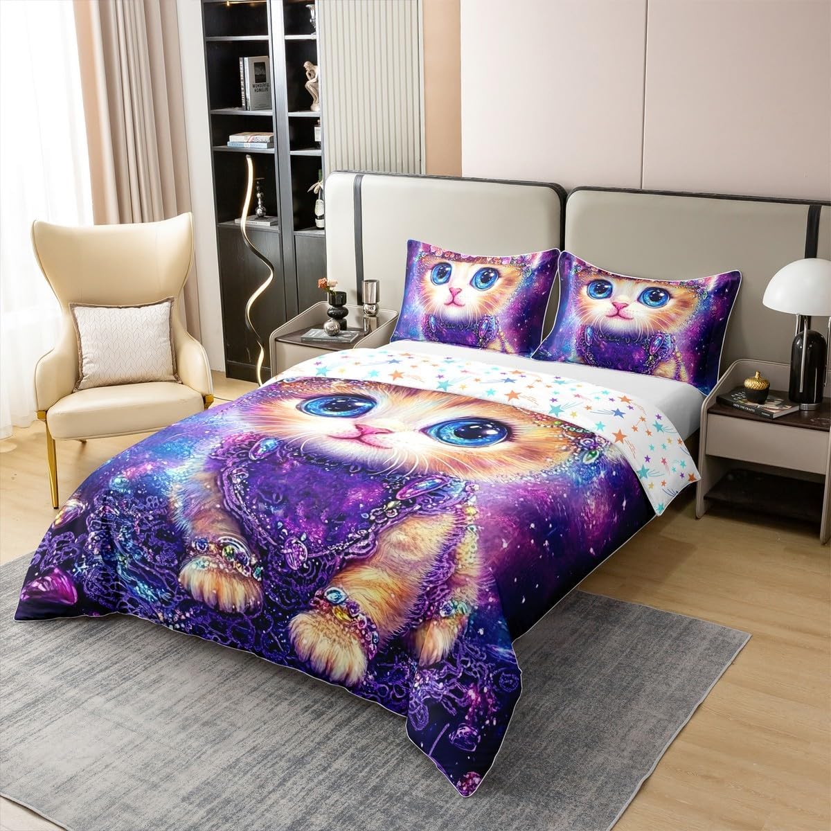 Manfei Full Size Lovely Cat Cotton Duvet Cover 3 Pcs,Luxury Diamond Flowers Purple Starry Glitter Sky Soft Breathable Bedding Set,Cartoon Kitten Pet Animal Comforter Cover(No Filler) image 3