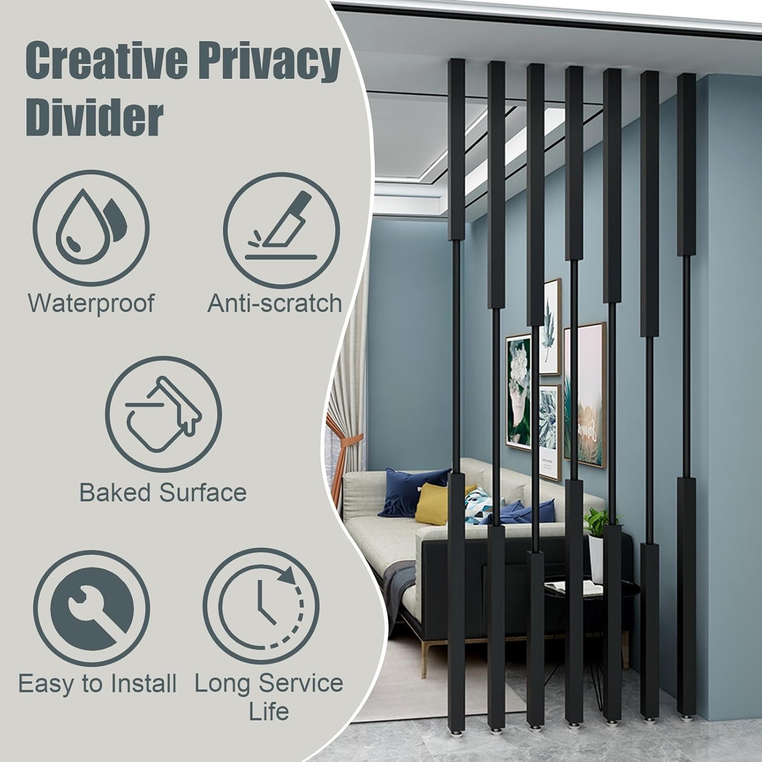 7 Pcs Divider Privacy Screens, Modern Minimalist Partition Column for Washroom, Balcony, Stairwell & Entrance Decor - Black, 215cm/84.6in/7.05ft