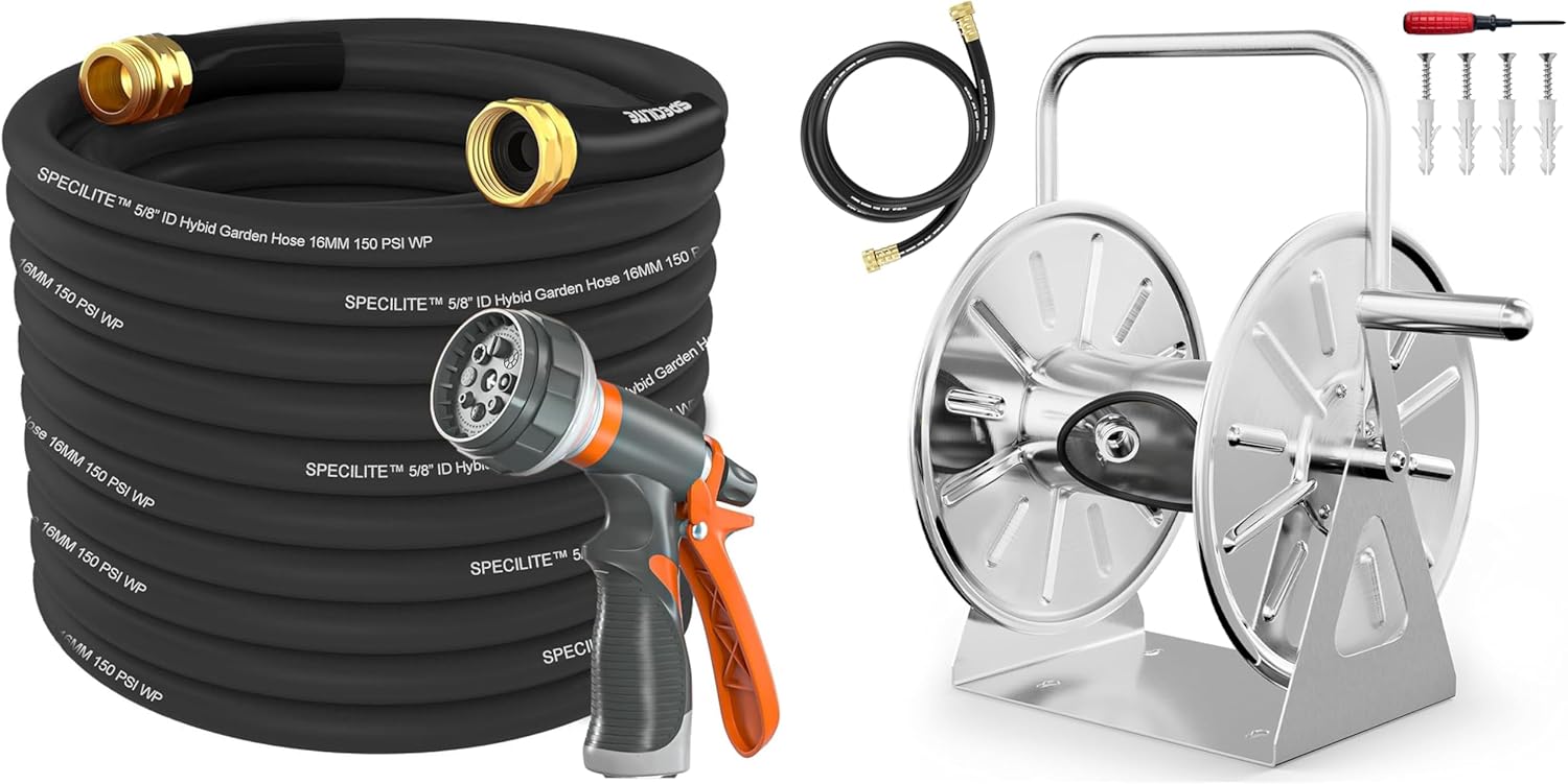 Stainless Steel Garden Hose Reel with 50 ft hose