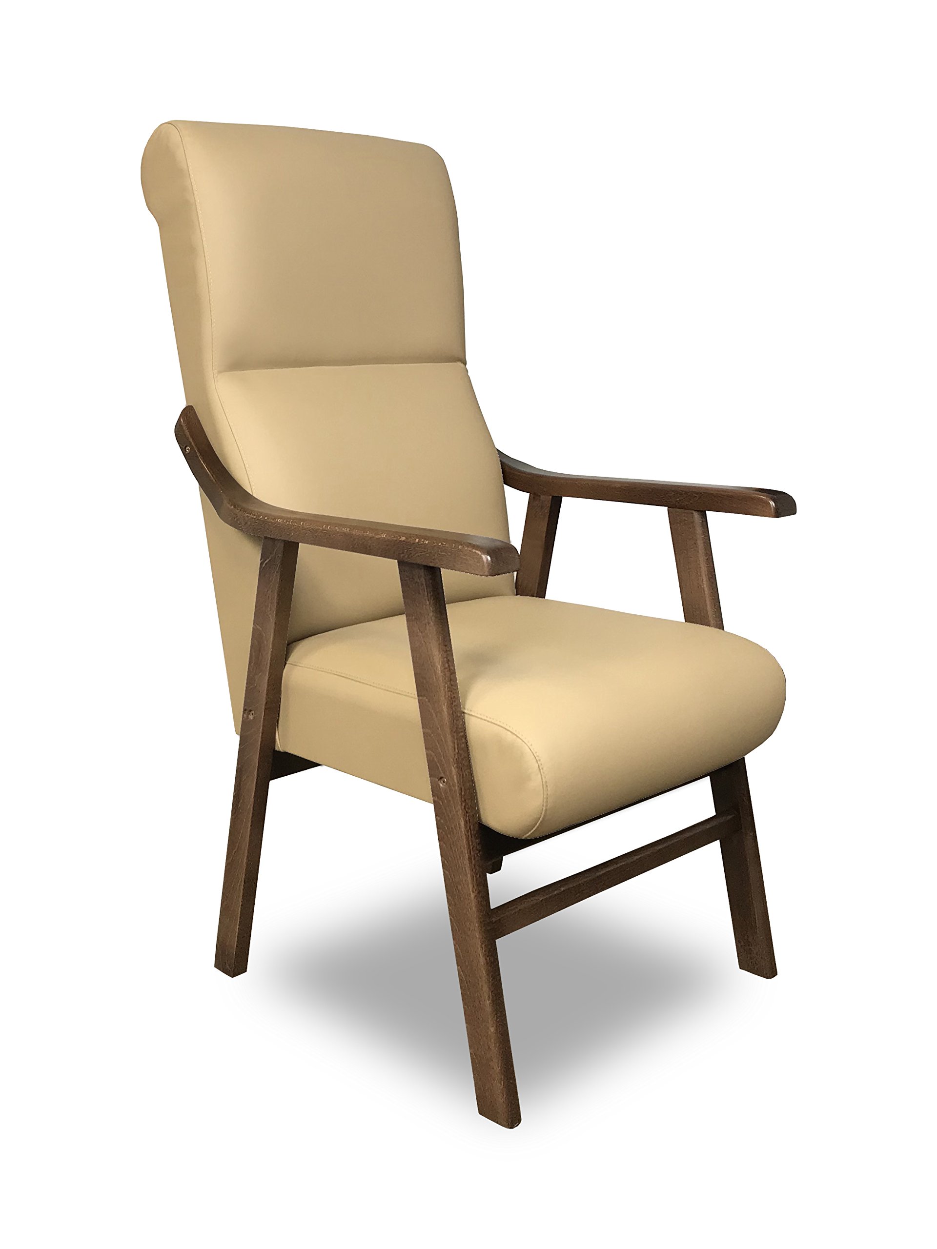 Boston, Butaca Clásica Beige con Reposabrazos. Silla Geriátrica para Comedor y Relajación. Estructura de Madera de Haya y Tapizado en Polipiel. Máximo 110 kg